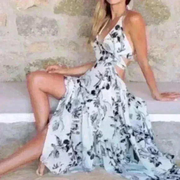 NWT Free People Lille Print Maxi Dress Blue Celadon‎ Size XS - Picture 3 of 5